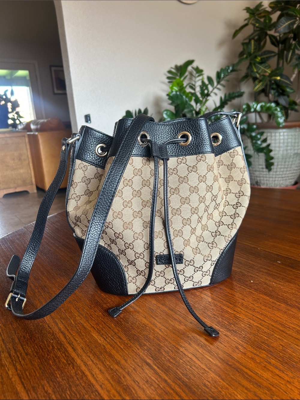 Gucci Beige GG Canvas and Black Leather Drawstring Crossbody Bag